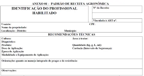 formulário em branco intitulado 'ANEXO 01 - PADRÃO DE RECEITA AGRONÔMICA'. Este documento é um modelo padro