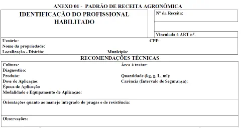 formulário em branco intitulado 'ANEXO 01 - PADRÃO DE RECEITA AGRONÔMICA'. Este documento é um modelo padro