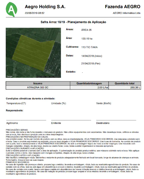 relatório detalhado de &amp;quot;Planejamento de Aplicação&amp;quot; gerado pelo software Aegro. O documento é referente à &amp;quot;S