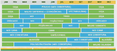 gráfico de barras, no estilo de um calendário anual, que ilustra diversos exemplos de sistemas de rotação e