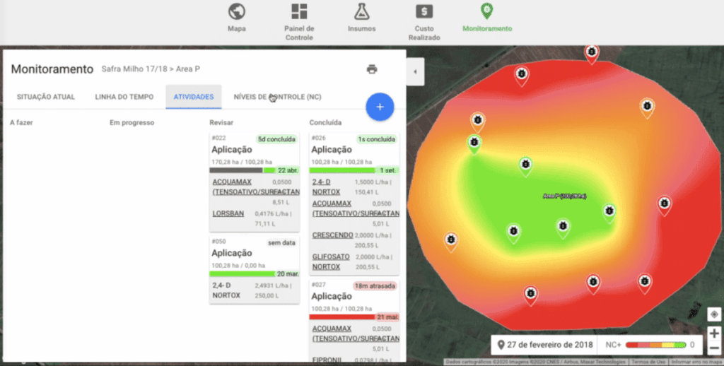 a tela de ‘Monitoramento’ do software de gestão agrícola Aegro. A interface está dividida em duas seções princ