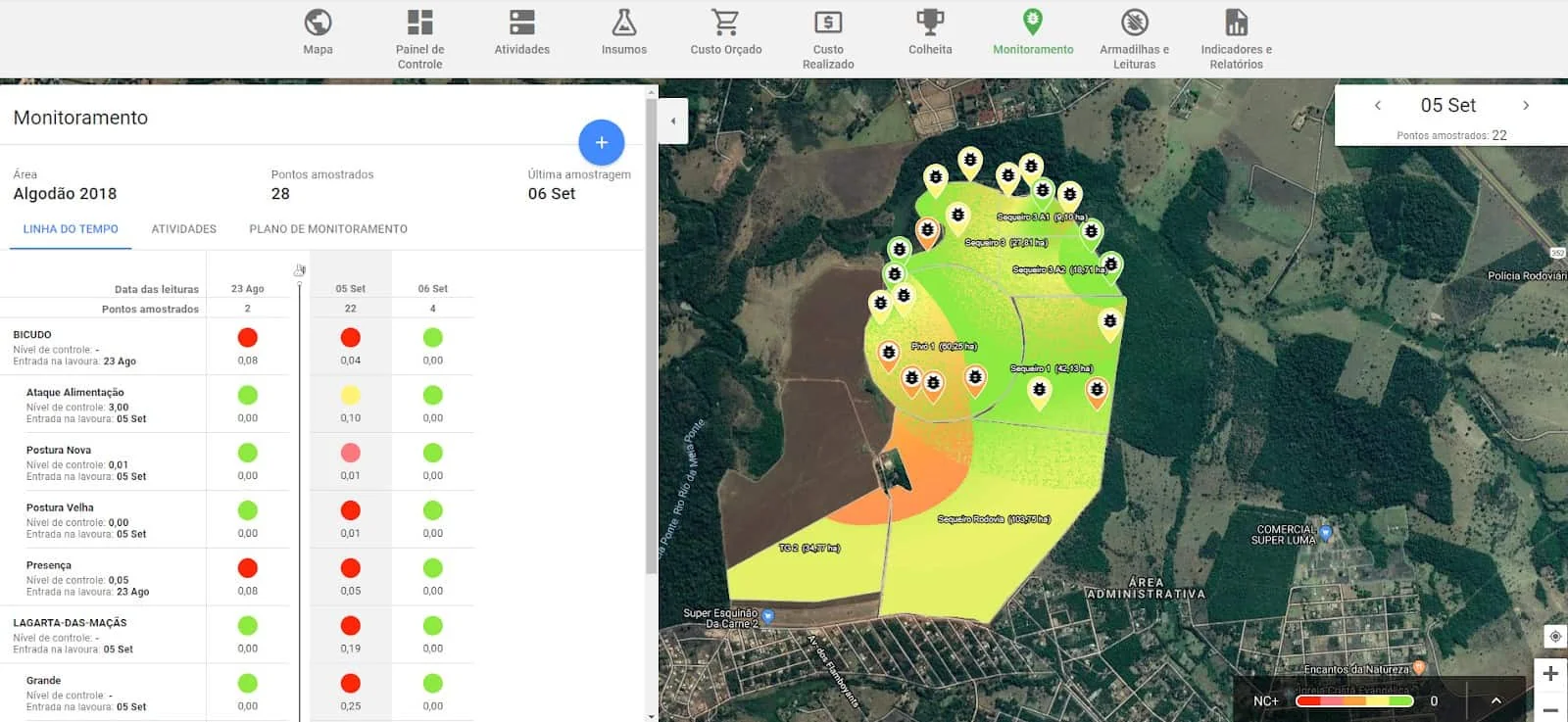Monitoramento de Pragas com Mapa de Calor na Lavoura | Aegro a tela de ‘Monitoramento’ do software de gestão agrícola Aegro. A interface é dividida em duas seções principa