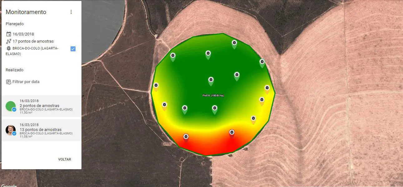 a tela de um software de gestão agrícola, especificamente a funcionalidade de monitoramento de pragas. Na part