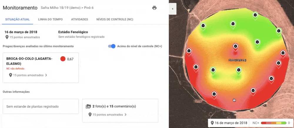 Mapa georreferenciado de monitoramento de pragas agrícolas com visualização de calor mostrando distribuição de infestações por área da lavoura