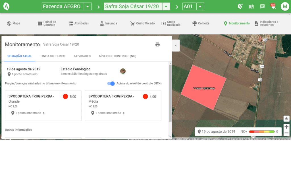 Monitoramento de Pragas na Lavoura com Mapa | Software Aegro a tela de ‘Monitoramento’ do software de gestão agrícola Aegro. À esquerda, um painel detalha os resultados de