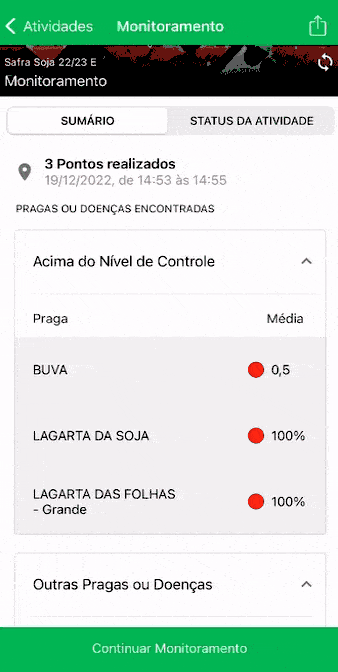 Monitoramento de Pragas na Lavoura com o App Aegro Este GIF animado exibe a tela de ‘Monitoramento’ do aplicativo móvel da Aegro. A imagem mostra o sumário de uma atividade de