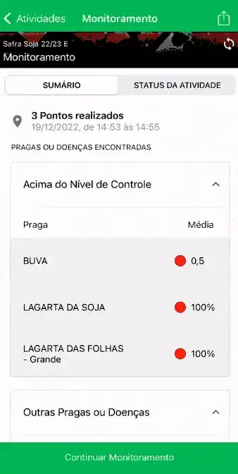 Monitoramento de Pragas na Lavoura com o App Aegro Este GIF animado exibe a tela de 'Monitoramento' do aplicativo móvel da Aegro. A imagem mostra o sumário de uma atividade de