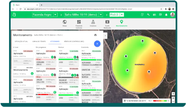 Software Aegro mostrando mapa de calor de infestação em safra de milho