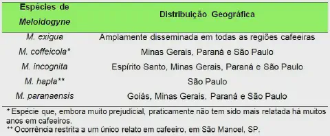 tabela informativa sobre as espécies do nematoide do gênero Meloidogyne que afetam cafeeiros e sua res