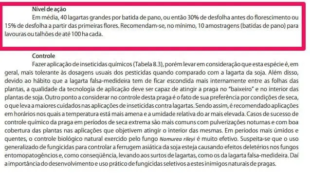 Nível de Ação e Controle da Lagarta Falsa-Medideira trecho de um manual técnico agrícola, focado no manejo de pragas, especificamente lagartas. O texto é divid