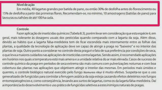 Nível de Ação e Controle da Lagarta Falsa-Medideira trecho de um manual técnico agrícola, focado no manejo de pragas, especificamente lagartas. O texto é divid