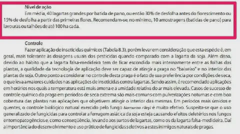 trecho de um manual técnico agrícola, focado no manejo de pragas, especificamente lagartas. O texto é divid