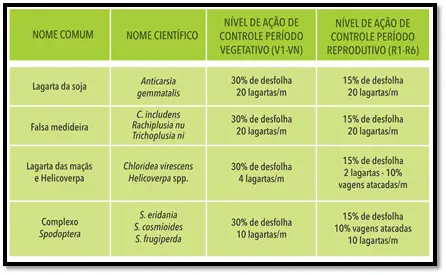 uma tabela técnica, em tons de verde, que funciona como um guia de referência para o manejo de pragas na agric