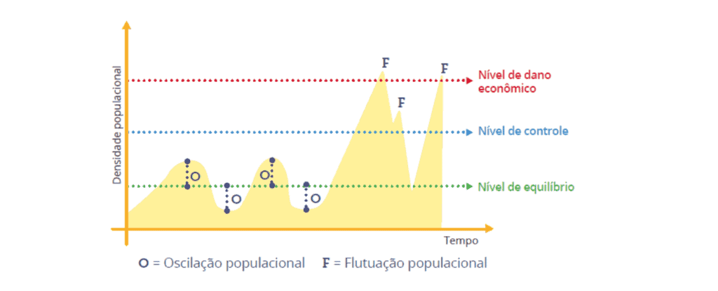 gráfico que ilustra a dinâmica populacional de pragas agrícolas ao longo do tempo. O eixo vertical represen