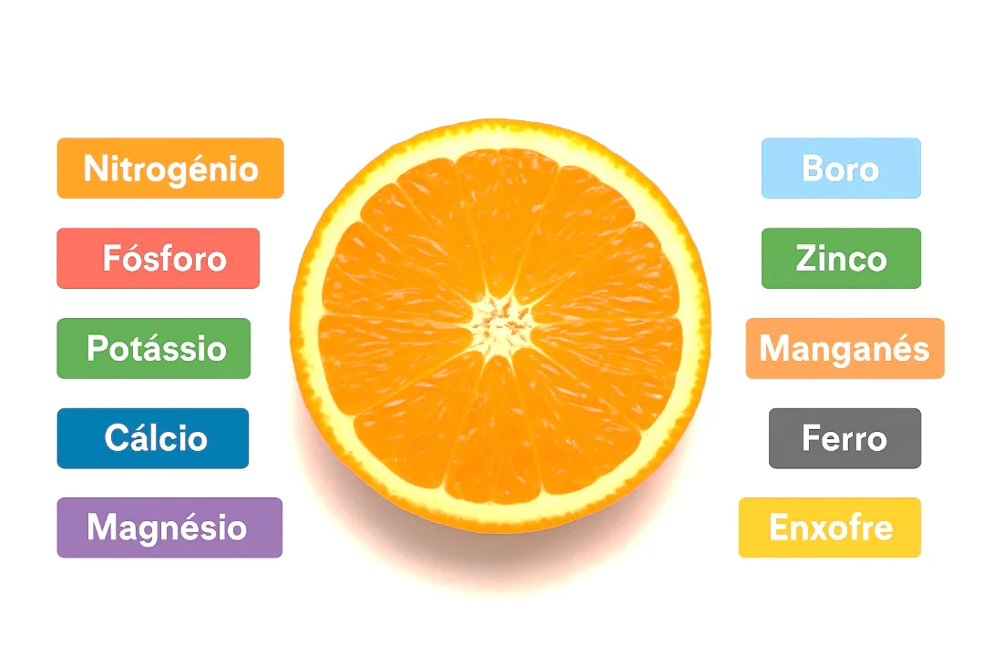 Nutrição de Citros: Guia de Macro e Micronutrientes uma fatia de laranja vibrante e suculenta, posicionada centralmente sobre um fundo branco. Ao redor da fruta,