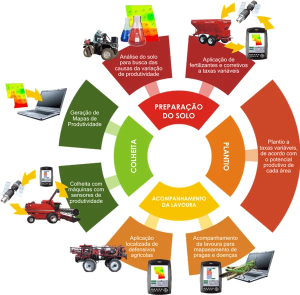 infográfico em formato de diagrama circular que ilustra o ciclo da agricultura de precisão. O ciclo é dividido