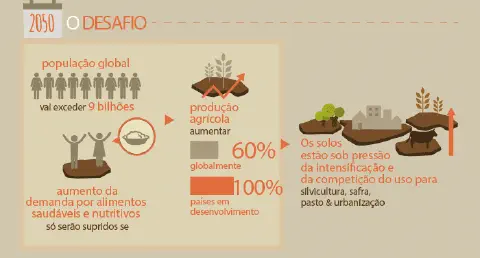 Este infográfico, intitulado '2050 O DESAFIO', ilustra as projeções e os desafios para a agricultura global nas próximas déca