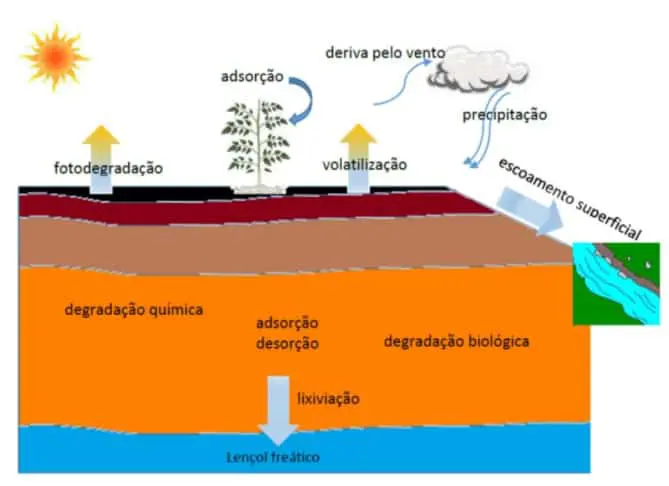 infográfico detalhado que ilustra o ciclo e o destino dos defensivos agrícolas no meio ambiente após su