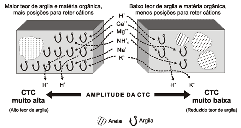 infográfico técnico que compara dois tipos de solo para explicar o conceito de Capacidade de Troca de Cátions (