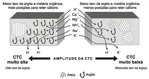 infográfico técnico que compara dois tipos de solo para explicar o conceito de Capacidade de Troca de Cátions (