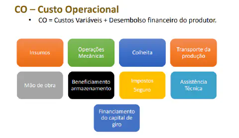Esta imagem é um infográfico didático que detalha os componentes do Custo Operacional (CO) no contexto do agronegócio. No top