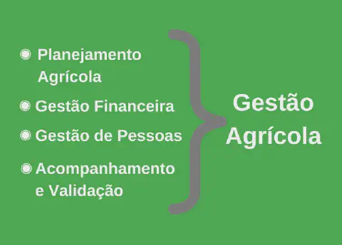 infográfico conceitual que ilustra os pilares fundamentais da Gestão Agrícola. Com um fundo verde sólido, assoc