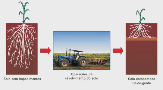 infográfico que ilustra o processo de compactação do solo, especificamente a formação do &#39;pé-de-grade&#39;. Ela é d