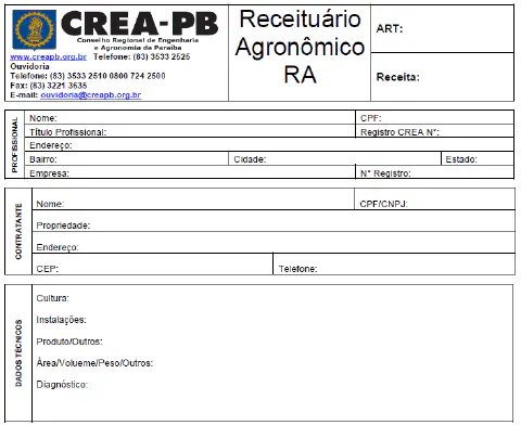 modelo de formulário de 'Receituário Agronômico RA', um documento oficial emitido pelo CREA-PB (Conselho Re