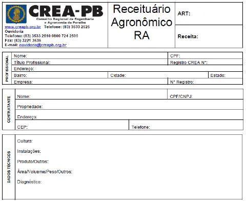 modelo de formulário de 'Receituário Agronômico RA', um documento oficial emitido pelo CREA-PB (Conselho Re