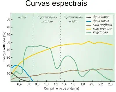 gráfico técnico intitulado 'Curvas espectrais', que ilustra o comportamento da reflectância de diferentes a