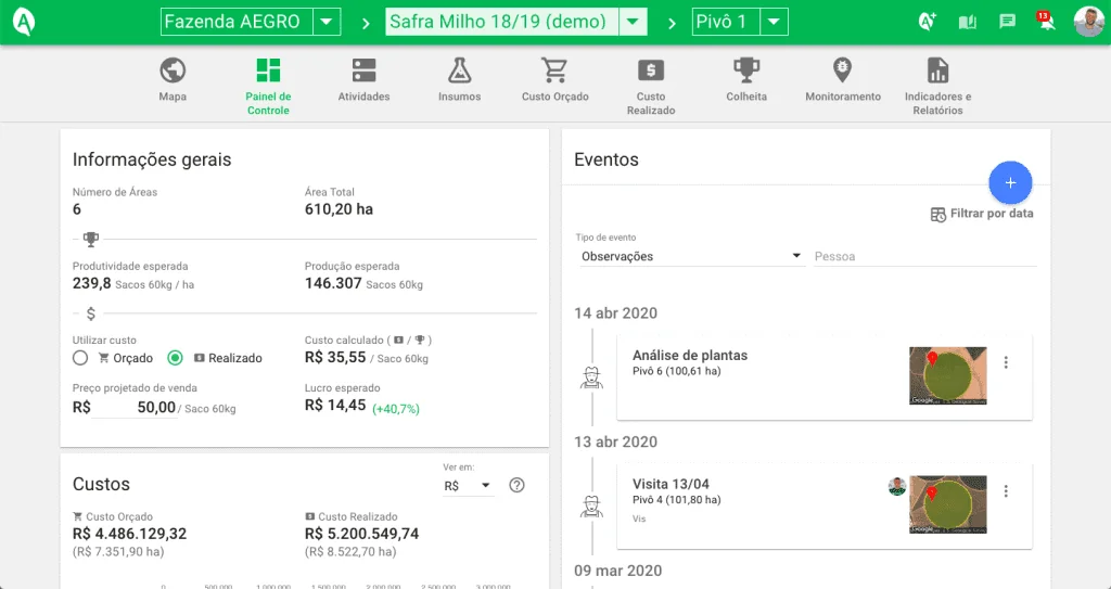 Gif que mostra painel de custos com o aegro