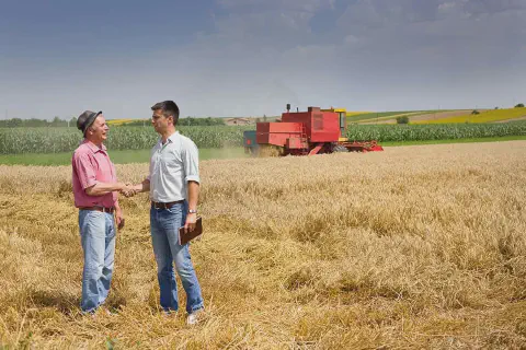 momento de colaboração e sucesso no campo. Em primeiro plano, dois homens, um agricultor mais velho e um