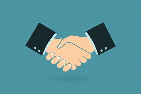 uma ilustração em estilo 'flat design' de um aperto de mãos. Duas mãos se encontram no centro, simbolizando um