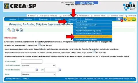 captura de tela do sistema online CREANET, do CREA-SP (Conselho Regional de Engenharia e Agronomia de São Paul