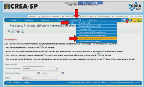 captura de tela do sistema online CREANET, do CREA-SP (Conselho Regional de Engenharia e Agronomia de São Paul