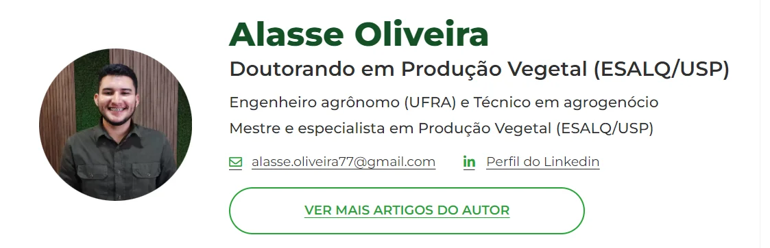 Perfil do Autor: Alasse Oliveira, Especialista em Agronomia card de perfil de autor, apresentando Alasse Oliveira. À esquerda, há uma foto de perfil circular de um hom