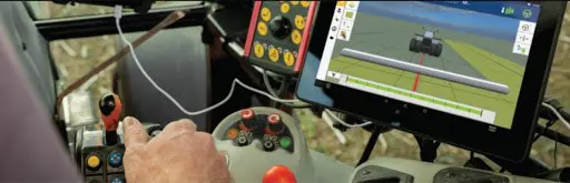 perspectiva interna da cabine de um trator moderno, focando na tecnologia de agricultura de precisão. Em p