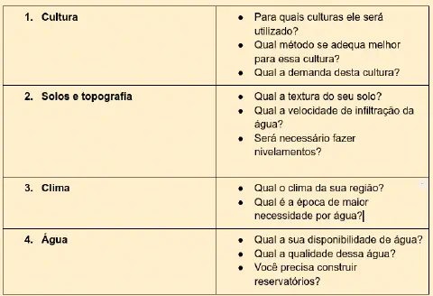 uma tabela didática, com fundo amarelo claro, dividida em quatro seções principais para o planejamento agrícol