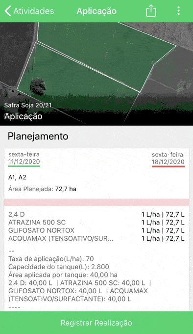 Planejamento de Aplicação de Defensivos no App Aegro O GIF exibe a tela de ‘Aplicação’ de um aplicativo de gestão agrícola, provavelmente o Aegro, demonstrando o planejamento de