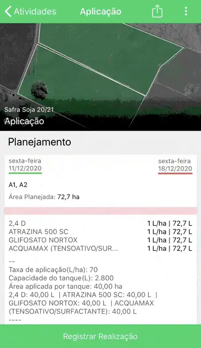 Planejamento de Aplicação de Defensivos no App Aegro O GIF exibe a tela de 'Aplicação' de um aplicativo de gestão agrícola, provavelmente o Aegro, demonstrando o planejamento de