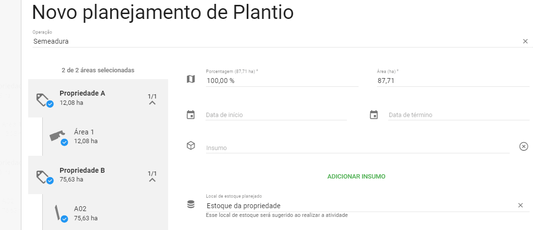 a interface de um software de gestão agrícola, especificamente a tela de ‘Novo planejamento de Plantio’. A fun