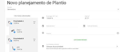 a interface de um software de gestão agrícola, especificamente a tela de 'Novo planejamento de Plantio'. A fun