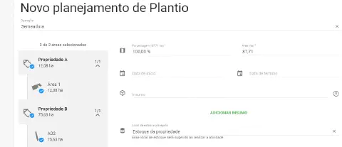 a interface de um software de gestão agrícola, especificamente a tela de 'Novo planejamento de Plantio'. A fun