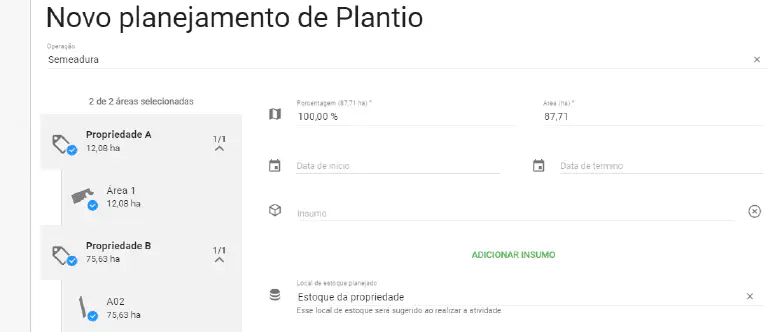 Planejamento de Plantio: Como Criar no Software Agrícola a interface de um software de gestão agrícola, especificamente a tela de 'Novo planejamento de Plantio'. A fun