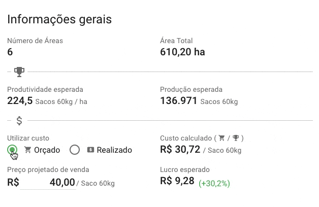 GIF que exibe a seção ‘Informações gerais’ da tela de planejamento de safra do software Aegro. Ela demonstra co