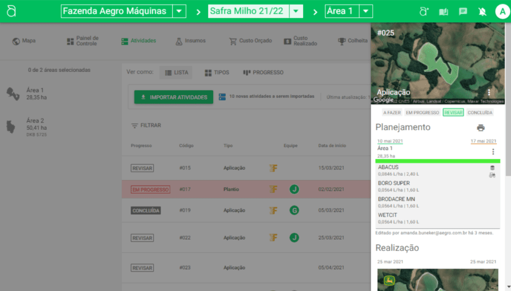 Planejamento e Controle de Atividades Agrícolas | Aegro a tela de ‘Atividades’ do software de gestão agrícola Aegro. A interface é dividida em duas seções principais.