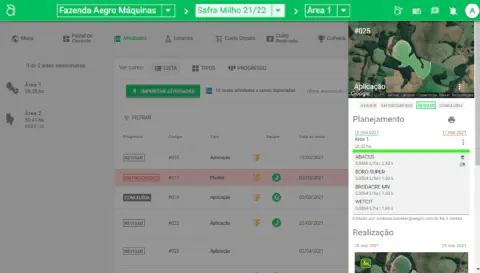 a tela de 'Atividades' do software de gestão agrícola Aegro. A interface é dividida em duas seções principais.