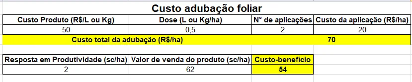 uma planilha de cálculo simplificada para analisar o custo-benefício da adubação foliar em uma lavoura. A tabe