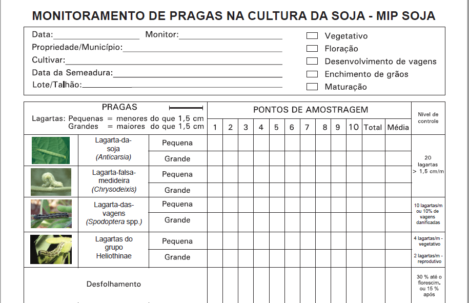 uma planilha de ‘Monitoramento de Pragas na Cultura da Soja’, uma ferramenta essencial para o Manejo Integrado