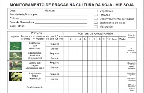 uma planilha de 'Monitoramento de Pragas na Cultura da Soja', uma ferramenta essencial para o Manejo Integrado